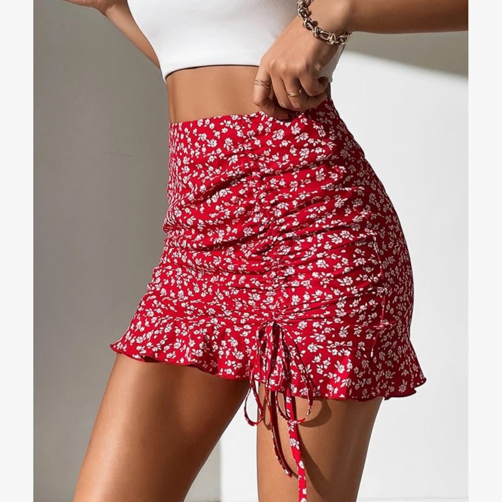Women's Red Floral Drawstring Mini Skirt